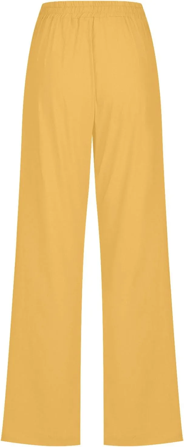 Lmdudan Womens Casual Cotton Linen Pants Lightweight Summer Elastic Waist Plus Size Pants Solid Color Lounge Long Trousers