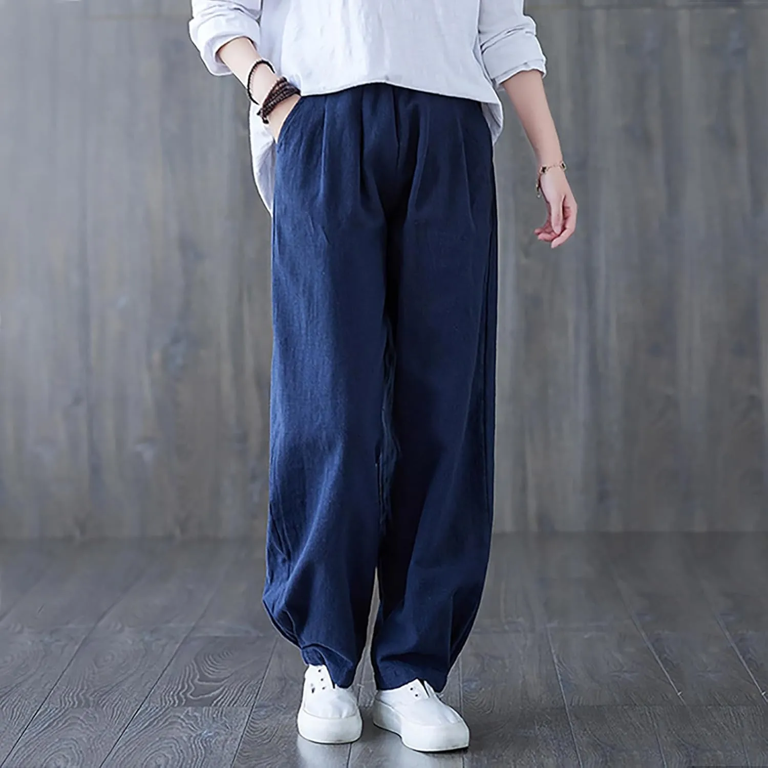 Lmdudan Women's Cotton Linen Straight Wide Leg Pants Elastic Waist Palazzo Trousers 2025 Summer Solid Lounge Pant with Pocket