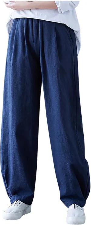 Lmdudan Women's Cotton Linen Straight Wide Leg Pants Elastic Waist Palazzo Trousers 2025 Summer Solid Lounge Pant with Pocket