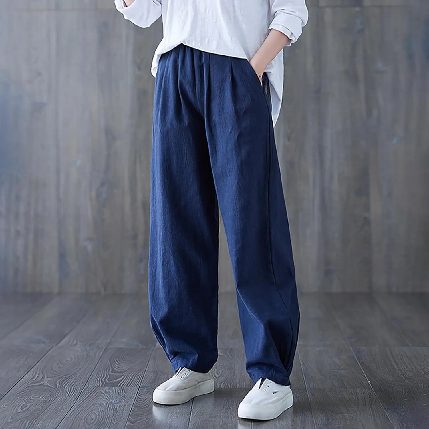 Lmdudan Women's Cotton Linen Straight Wide Leg Pants Elastic Waist Palazzo Trousers 2025 Summer Solid Lounge Pant with Pocket