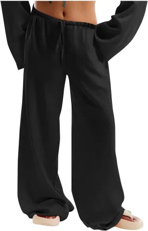 Lmdudan Women's Cotton Linen Sweatpants Drawstring Wide Leg Baggy Pants 2025 Summer Loose Comfy Trousers with Pockets