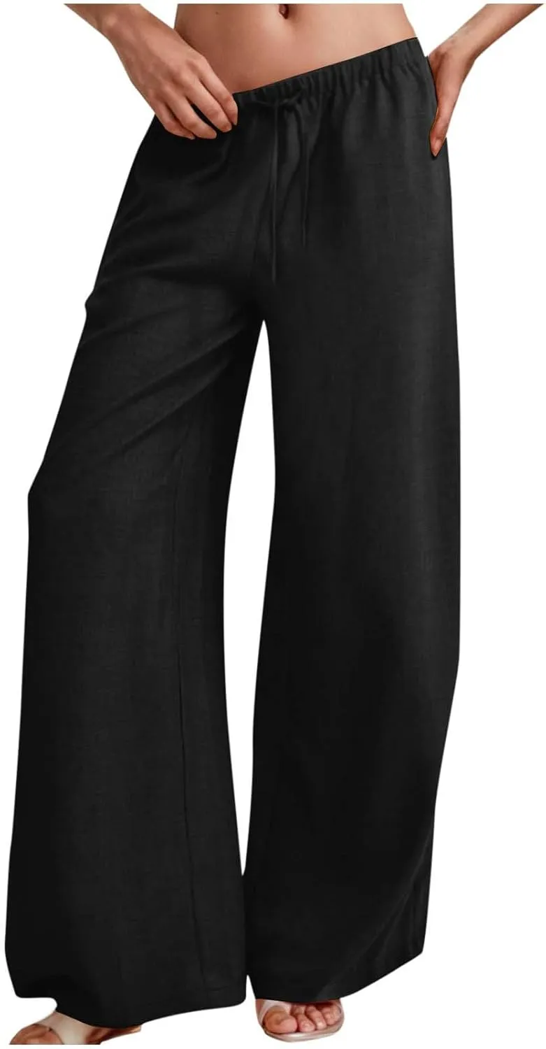 Lmdudan Women's Cotton Linen Sweatpants Drawstring Wide Leg Baggy Pants 2025 Summer Loose Comfy Trousers with Pockets