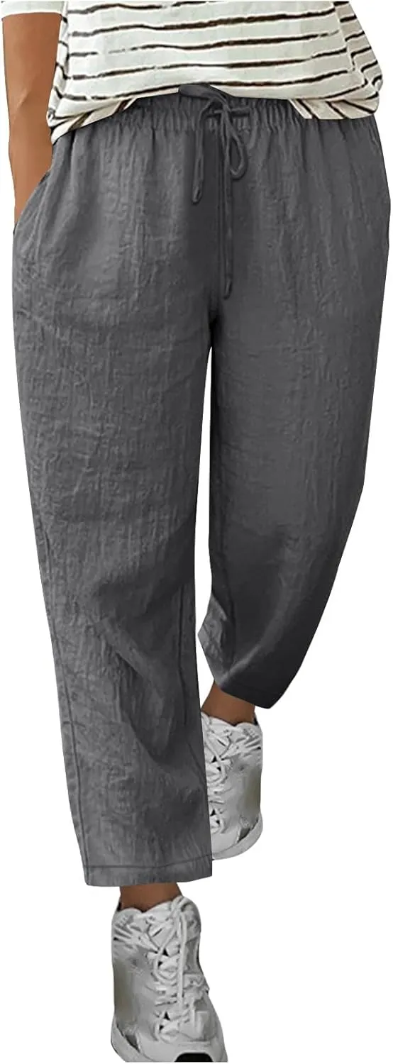 Lmdudan Women's Linen Straight Pants Elastic Waist Casual Trousers Pants 2025 Summer Drawstring Workout Pant with Pockets