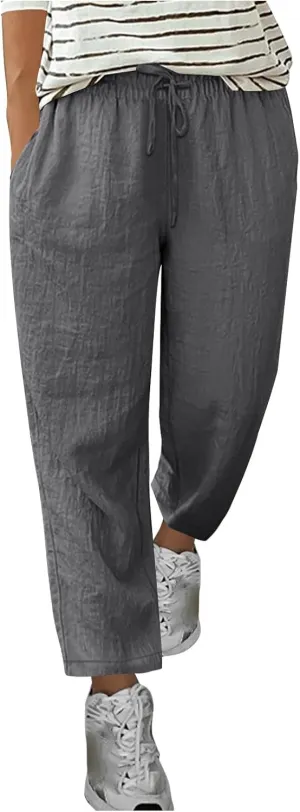 Lmdudan Women's Linen Straight Pants Elastic Waist Casual Trousers Pants 2025 Summer Drawstring Workout Pant with Pockets