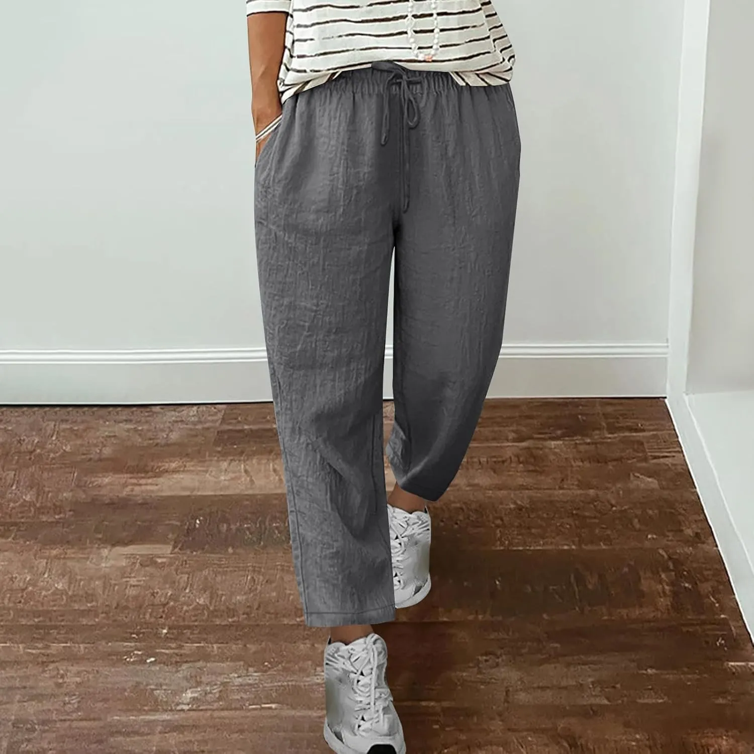 Lmdudan Women's Linen Straight Pants Elastic Waist Casual Trousers Pants 2025 Summer Drawstring Workout Pant with Pockets