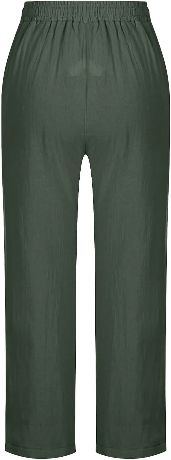 Lmdudan Women's Linen Straight Pants Elastic Waist Casual Trousers Pants 2025 Summer Drawstring Workout Pant with Pockets