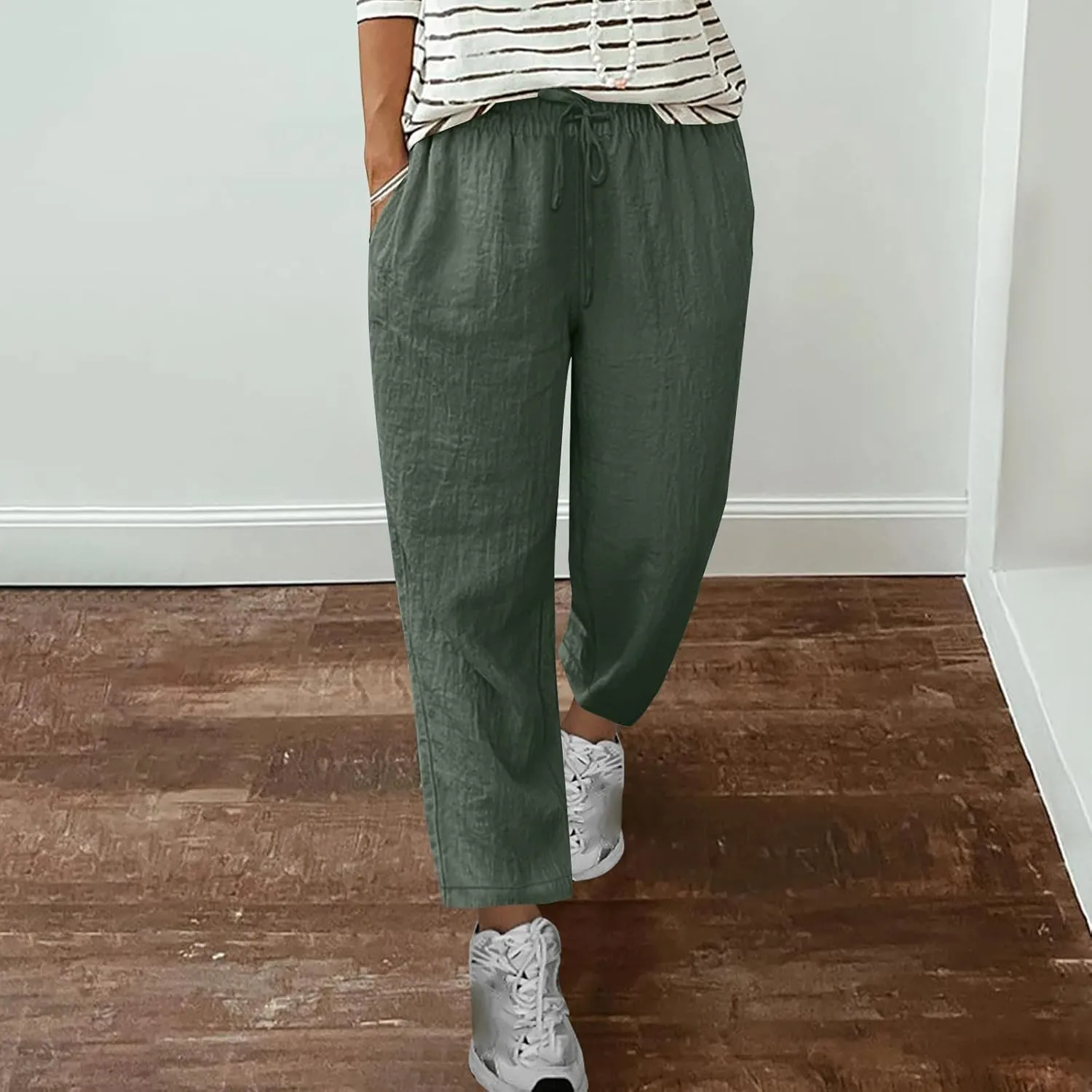Lmdudan Women's Linen Straight Pants Elastic Waist Casual Trousers Pants 2025 Summer Drawstring Workout Pant with Pockets