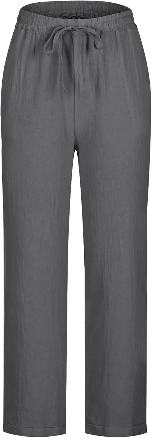 Lmdudan Women's Linen Straight Pants Elastic Waist Casual Trousers Pants 2025 Summer Drawstring Workout Pant with Pockets