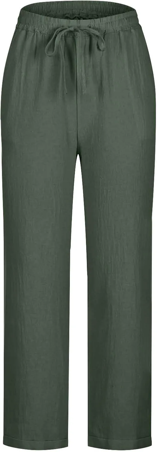 Lmdudan Women's Linen Straight Pants Elastic Waist Casual Trousers Pants 2025 Summer Drawstring Workout Pant with Pockets