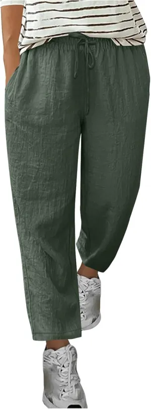 Lmdudan Women's Linen Straight Pants Elastic Waist Casual Trousers Pants 2025 Summer Drawstring Workout Pant with Pockets