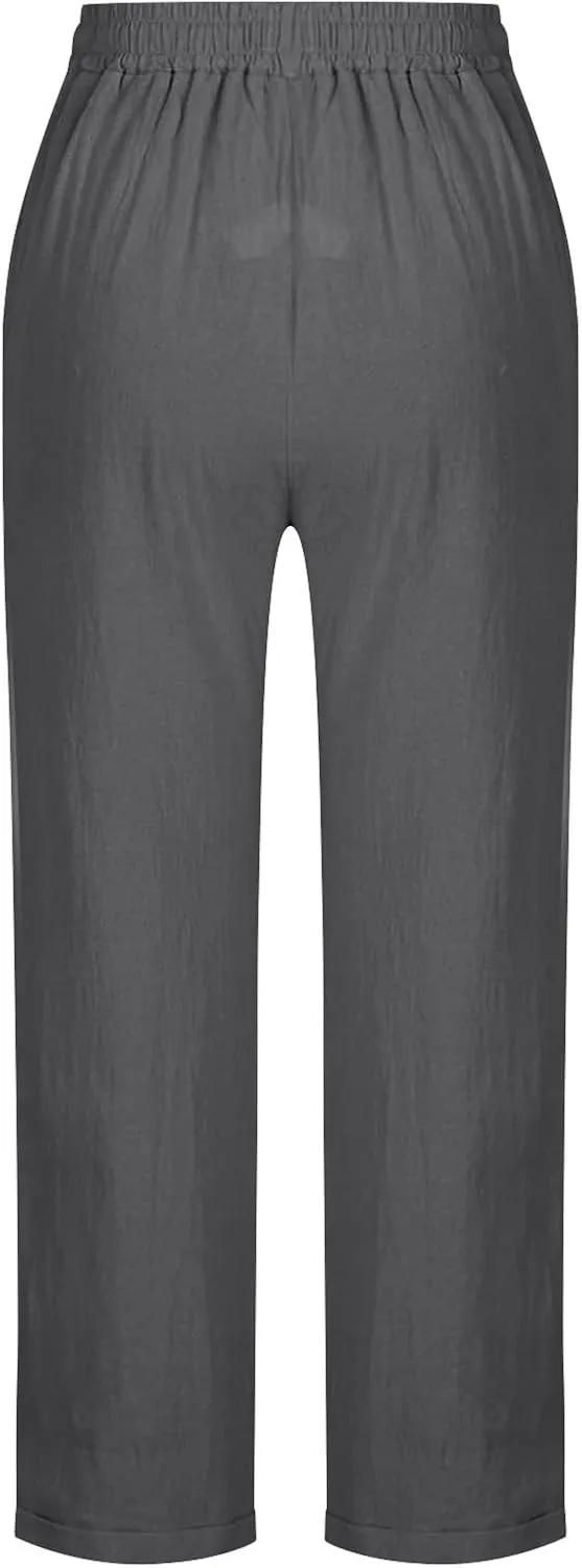 Lmdudan Women's Linen Straight Pants Elastic Waist Casual Trousers Pants 2025 Summer Drawstring Workout Pant with Pockets