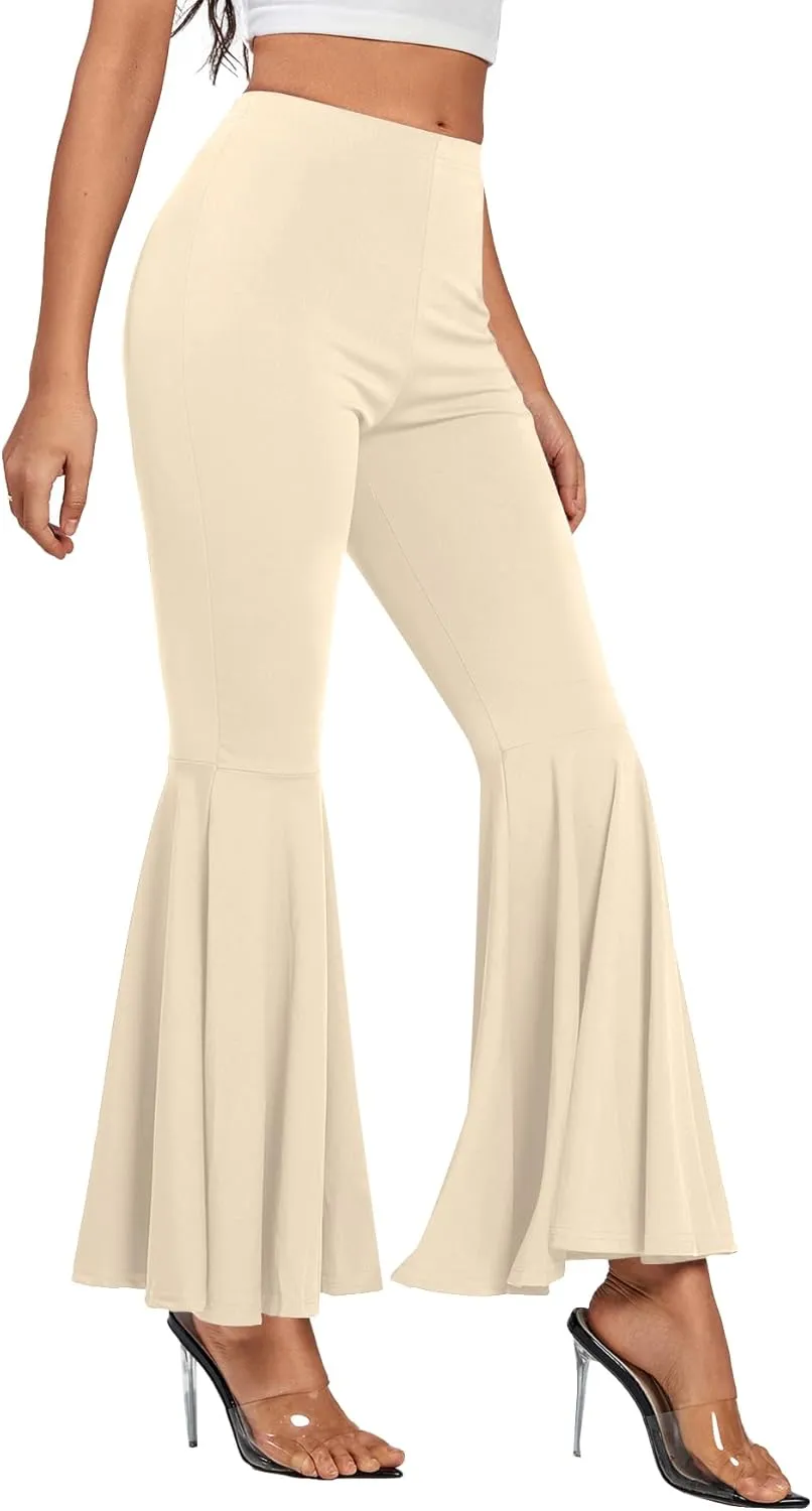 LYANER Women's Casual High Waist Ruffle Flare Pants Wide Leg Solid Stretchy Bell Bottom