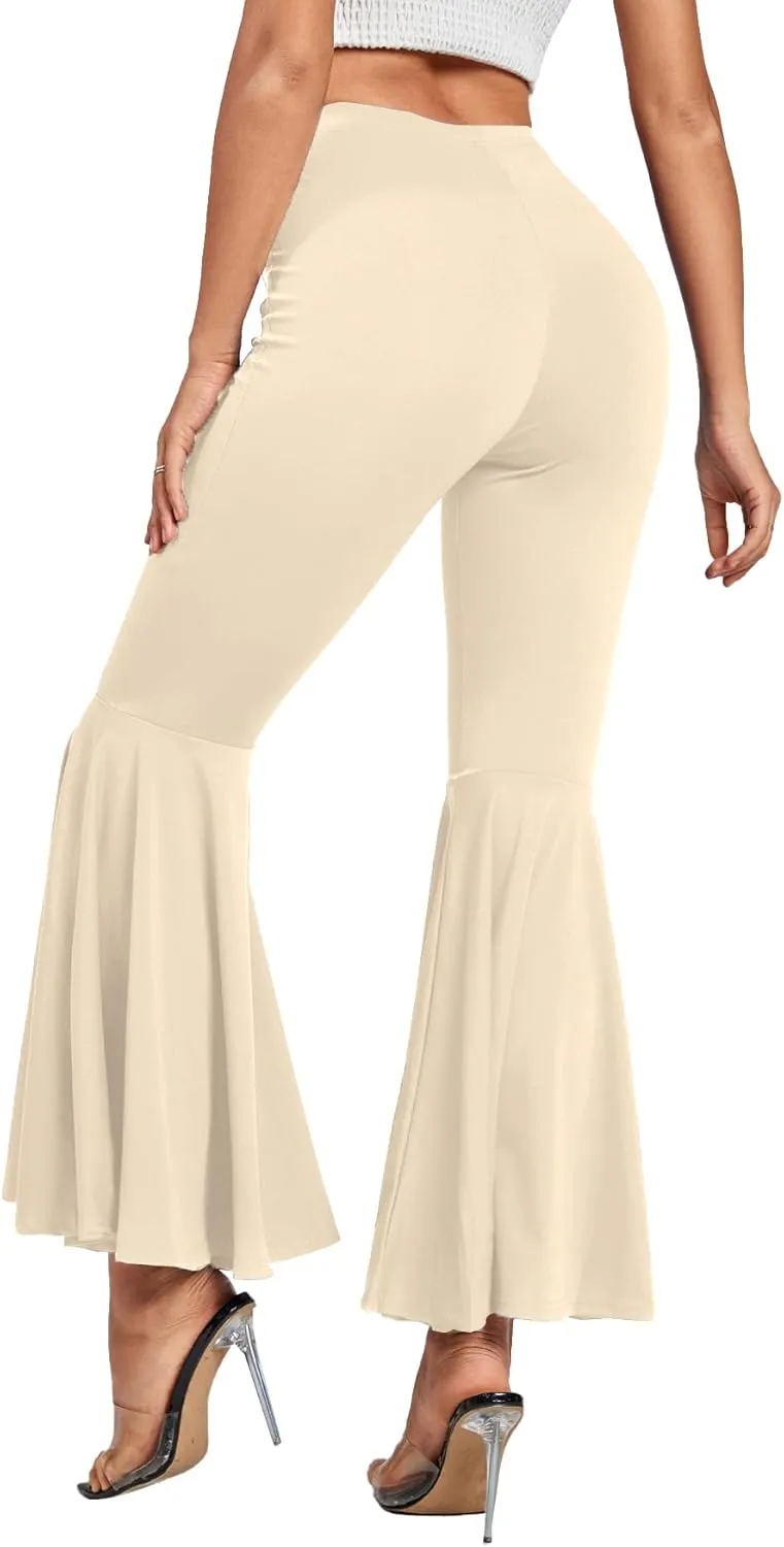 LYANER Women's Casual High Waist Ruffle Flare Pants Wide Leg Solid Stretchy Bell Bottom
