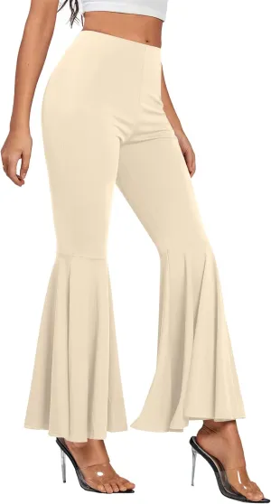 LYANER Women's Casual High Waist Ruffle Flare Pants Wide Leg Solid Stretchy Bell Bottom