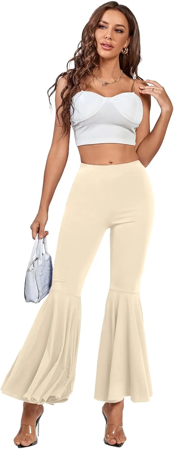 LYANER Women's Casual High Waist Ruffle Flare Pants Wide Leg Solid Stretchy Bell Bottom