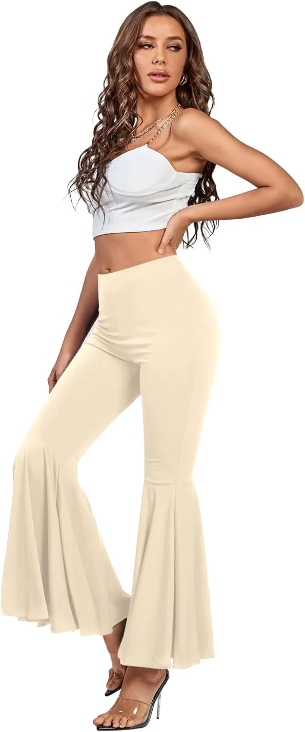 LYANER Women's Casual High Waist Ruffle Flare Pants Wide Leg Solid Stretchy Bell Bottom