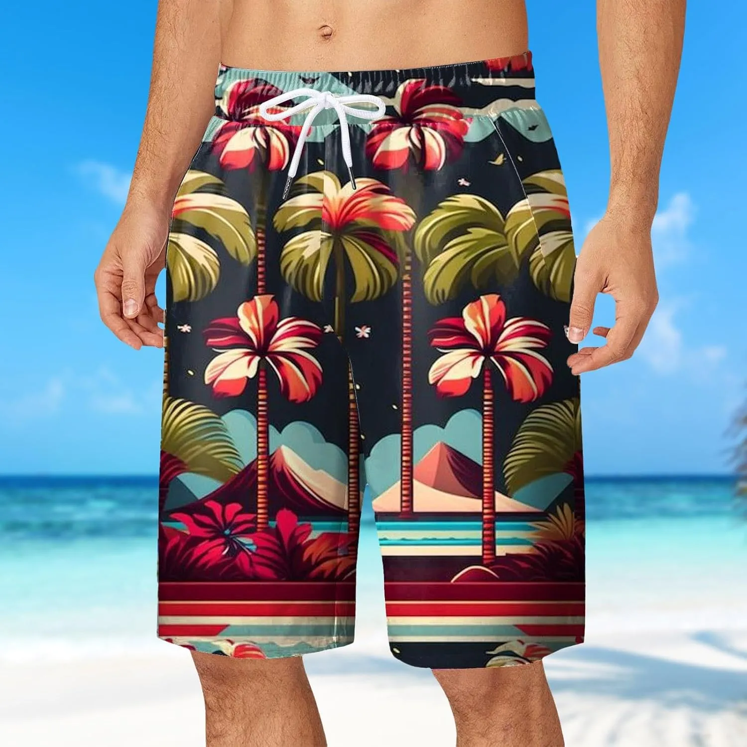 Men Bathing Suit Printed Beach Short Casual Loose Fashion Shorts Loose Tether Pocket Men's Casual Stretch Cargo