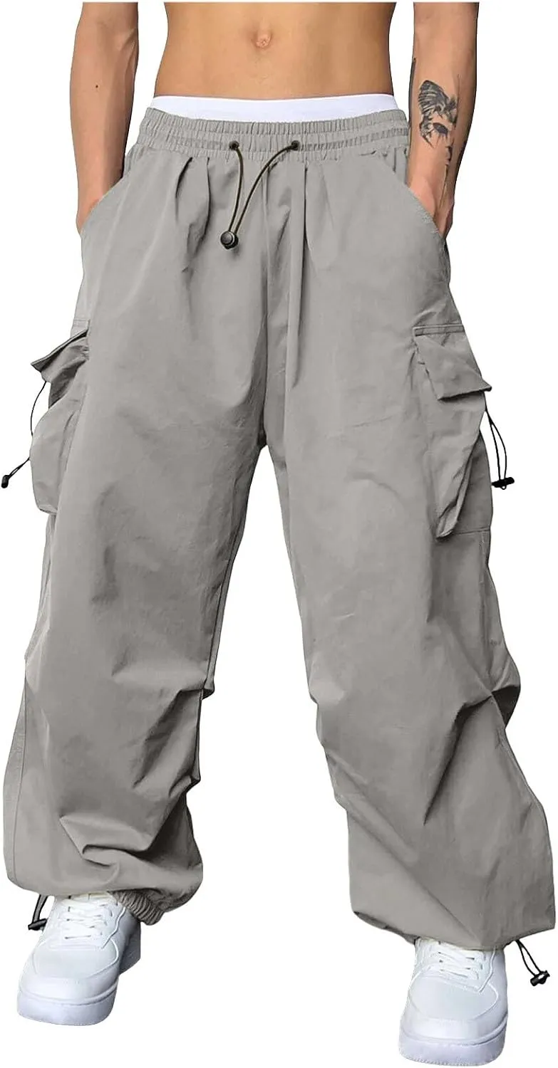 Men Cargo Pants Casual Wide Leg Elastic Waist Drawstring Pant Outdoor Pants Multi Pockets
