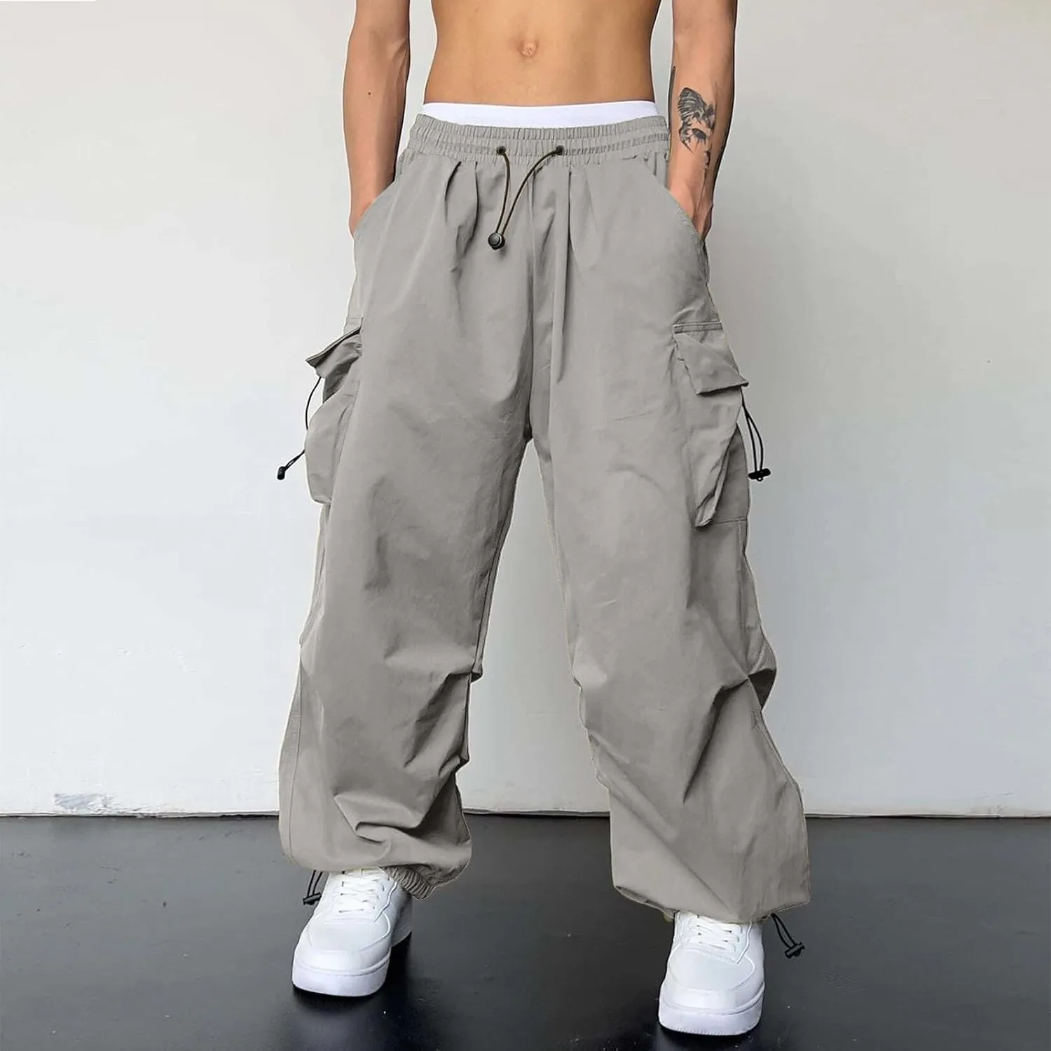 Men Cargo Pants Casual Wide Leg Elastic Waist Drawstring Pant Outdoor Pants Multi Pockets