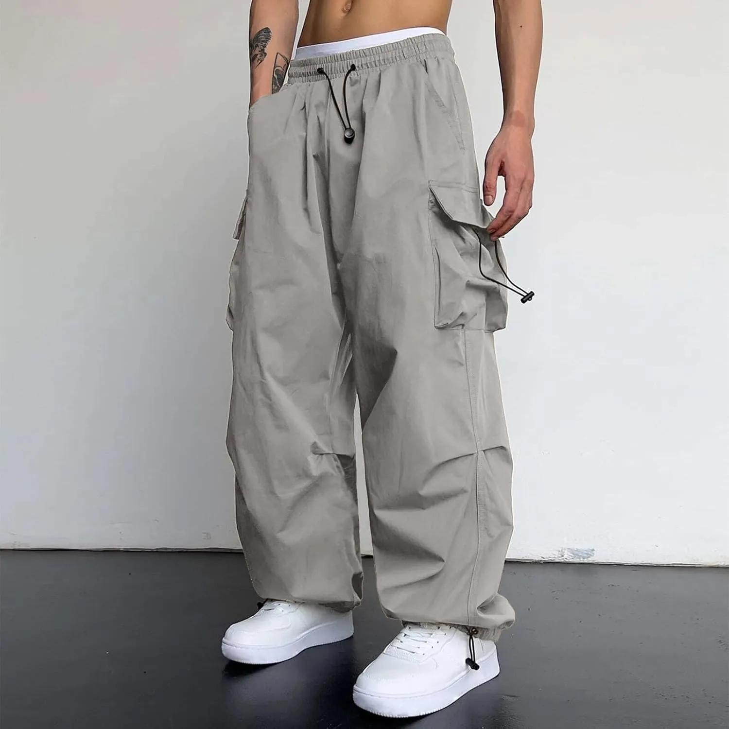 Men Cargo Pants Casual Wide Leg Elastic Waist Drawstring Pant Outdoor Pants Multi Pockets