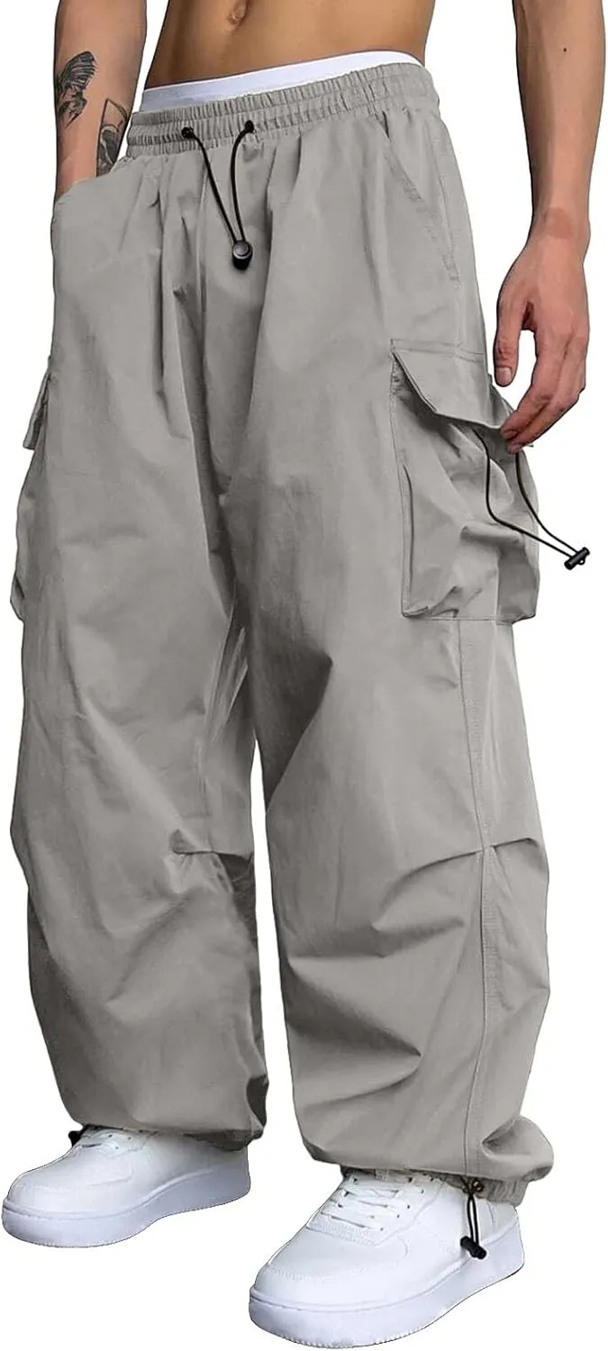 Men Cargo Pants Casual Wide Leg Elastic Waist Drawstring Pant Outdoor Pants Multi Pockets