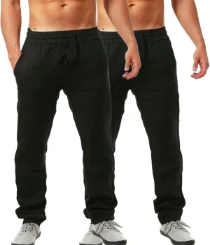 Mens 2 Pack Linen Pants Straight Leg Beach Pants Lightweight Casual Plain Drawstring Slacks Outdoor Vacation Trousers