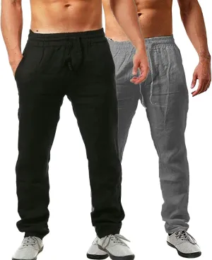 Mens 2 Pack Linen Pants Straight Leg Beach Pants Lightweight Casual Plain Drawstring Slacks Outdoor Vacation Trousers