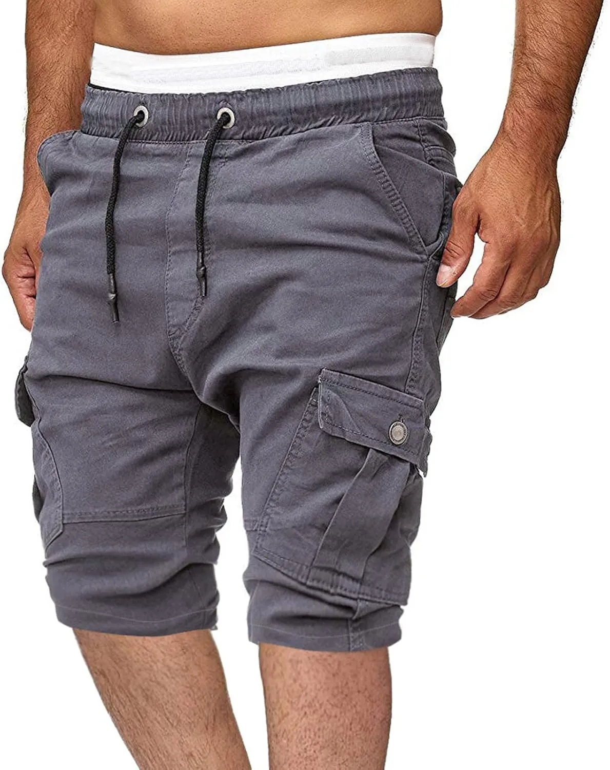 Men's Cargo Shorts Summer Casual Elastic Waist Drawstring Multi-Pockets Slim Fit Knee Length Athletic Joggers Pants
