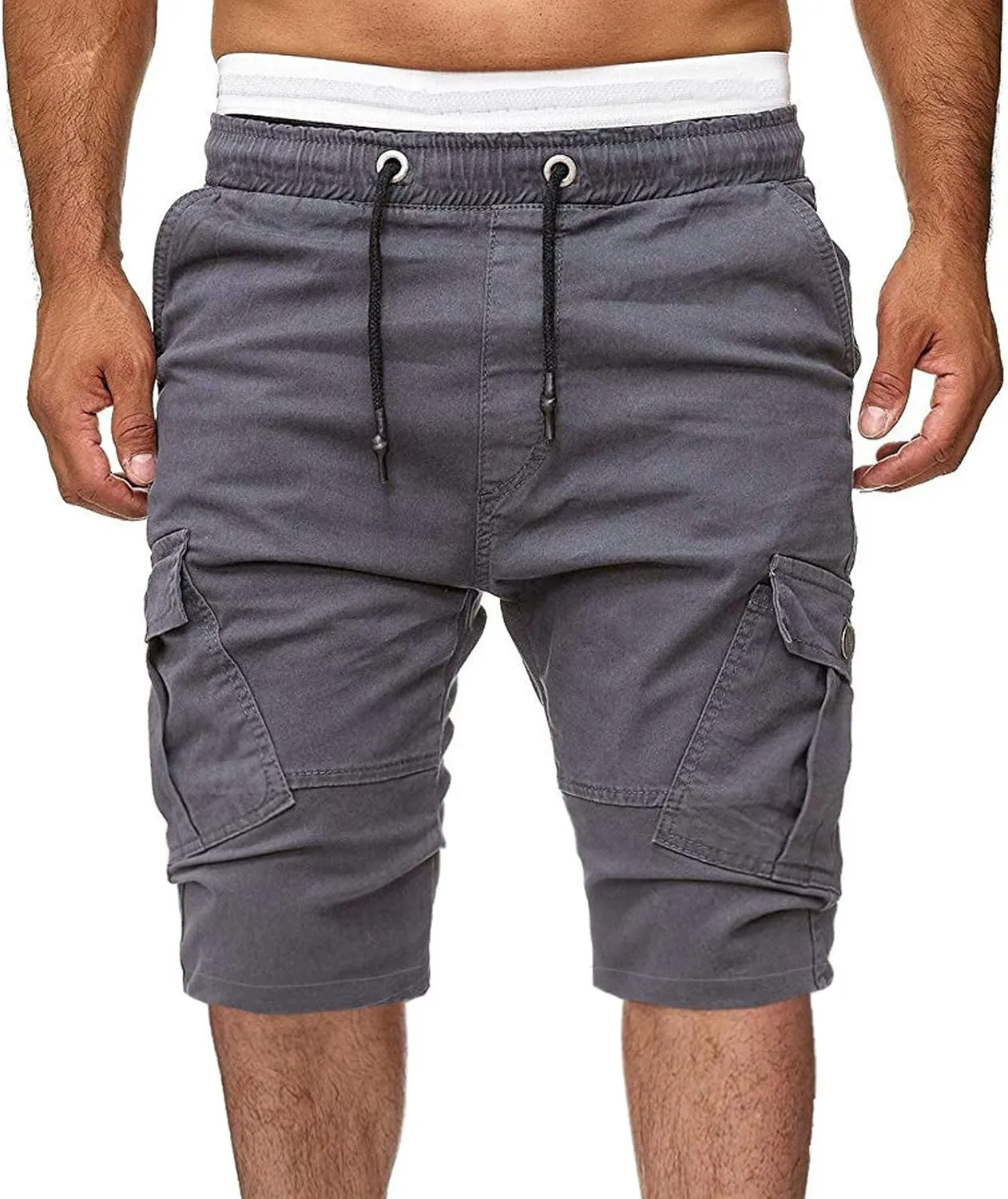 Men's Cargo Shorts Summer Casual Elastic Waist Drawstring Multi-Pockets Slim Fit Knee Length Athletic Joggers Pants