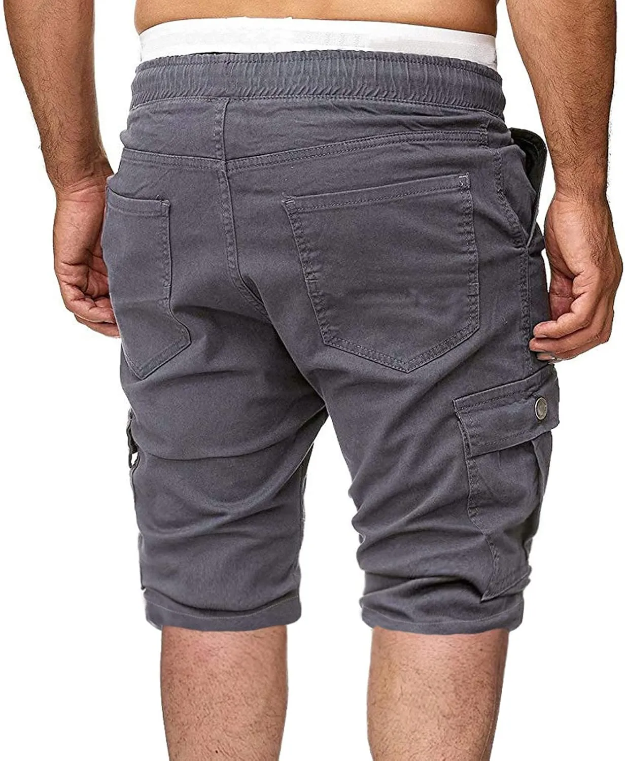 Men's Cargo Shorts Summer Casual Elastic Waist Drawstring Multi-Pockets Slim Fit Knee Length Athletic Joggers Pants