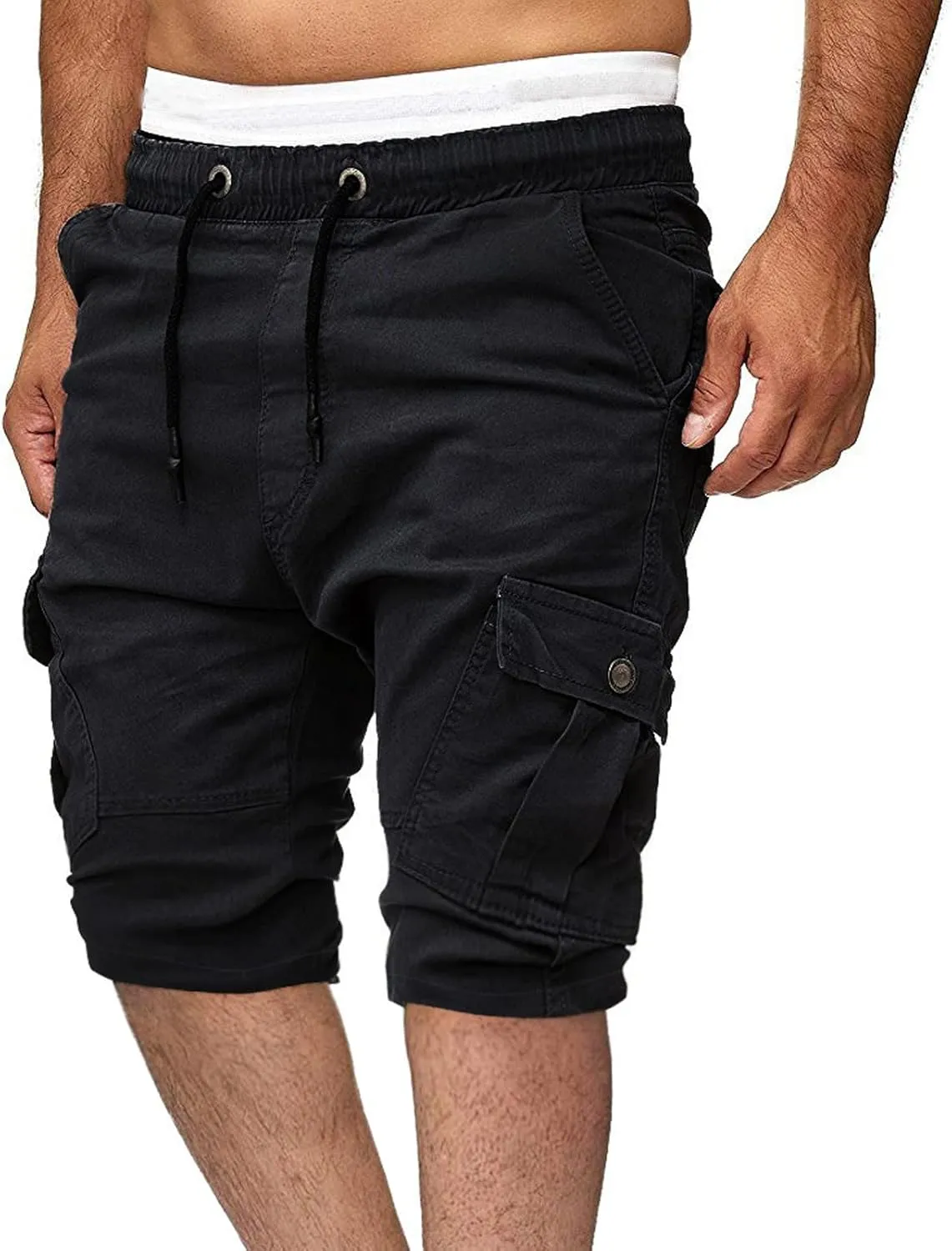 Men's Cargo Shorts Summer Casual Elastic Waist Drawstring Multi-Pockets Slim Fit Knee Length Athletic Joggers Pants