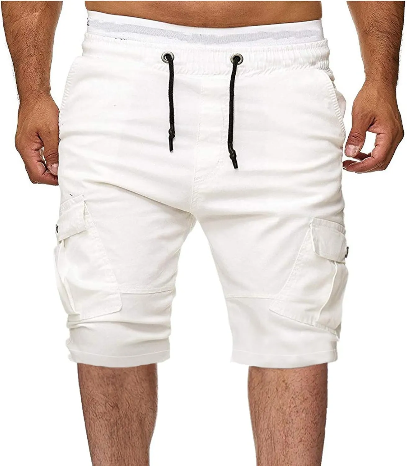 Men's Cargo Shorts Summer Casual Elastic Waist Drawstring Multi-Pockets Slim Fit Knee Length Athletic Joggers Pants