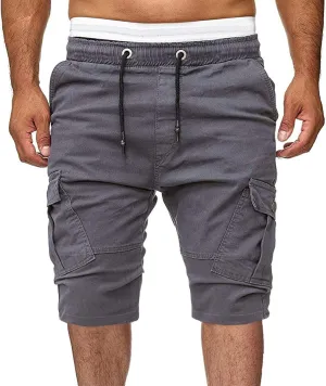 Men's Cargo Shorts Summer Casual Elastic Waist Drawstring Multi-Pockets Slim Fit Knee Length Athletic Joggers Pants