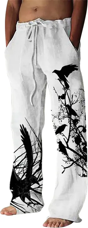 Mens Casual Cotton Linen Pants Fashion Hawaiian Print Trousers Workout Running Joggers Beach Pants Chino Pants