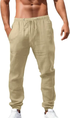 Mens Casual Cotton Linen Pants Fashion Hawaiian Print Trousers Workout Running Joggers Beach Summer Pants Chino Pants Slim Fit