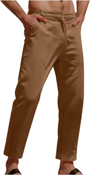 Men's Casual Linen Cotton Pants Elastic Waist Summer Beach Trousers Lightweight Yoga Vacation Pants Long Trousers