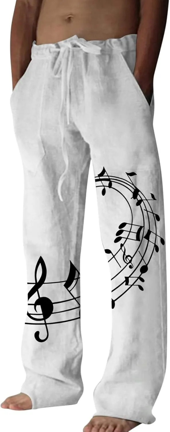 Men's Casual Linen Pants Lightweight Loose Fit Trousers Straight Trouser Elastic Drawstring Waist Yoga Beach Pants