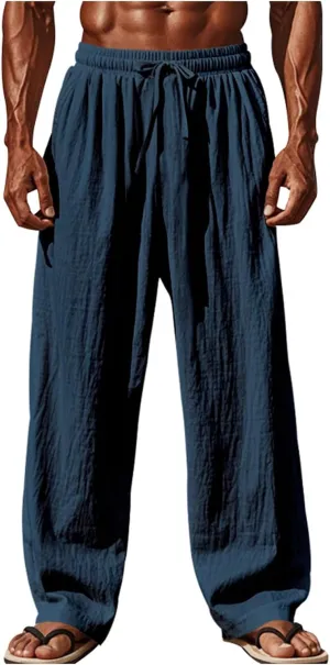 Men's Casual Linen Pants Wide Leg Drawstring Straight Elastic Waist Trousers Lightweight Jogger Work Yoga Pants