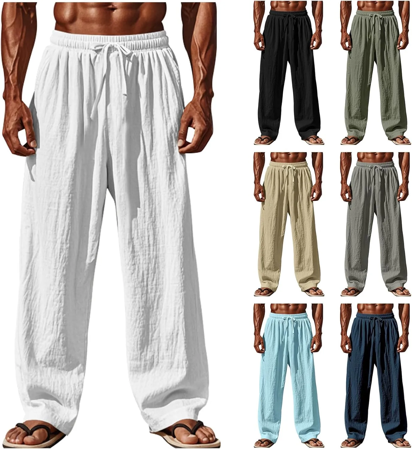 Men's Casual Linen Pants Wide Leg Drawstring Straight Elastic Waist Trousers Lightweight Jogger Work Yoga Pants