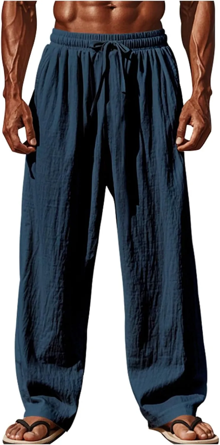 Men's Casual Linen Pants Wide Leg Drawstring Straight Elastic Waist Trousers Lightweight Jogger Work Yoga Pants