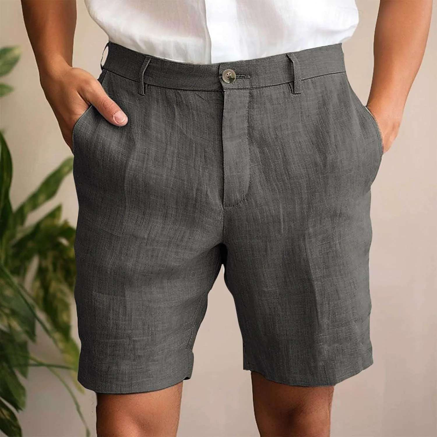 Mens Cotton Linen Shorts Flat Front Business Casual Dress Pants Button Up Elastic Waist Summer Beach Slim Fit Short