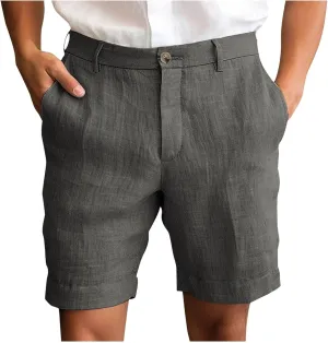 Mens Cotton Linen Shorts Flat Front Business Casual Dress Pants Button Up Elastic Waist Summer Beach Slim Fit Short