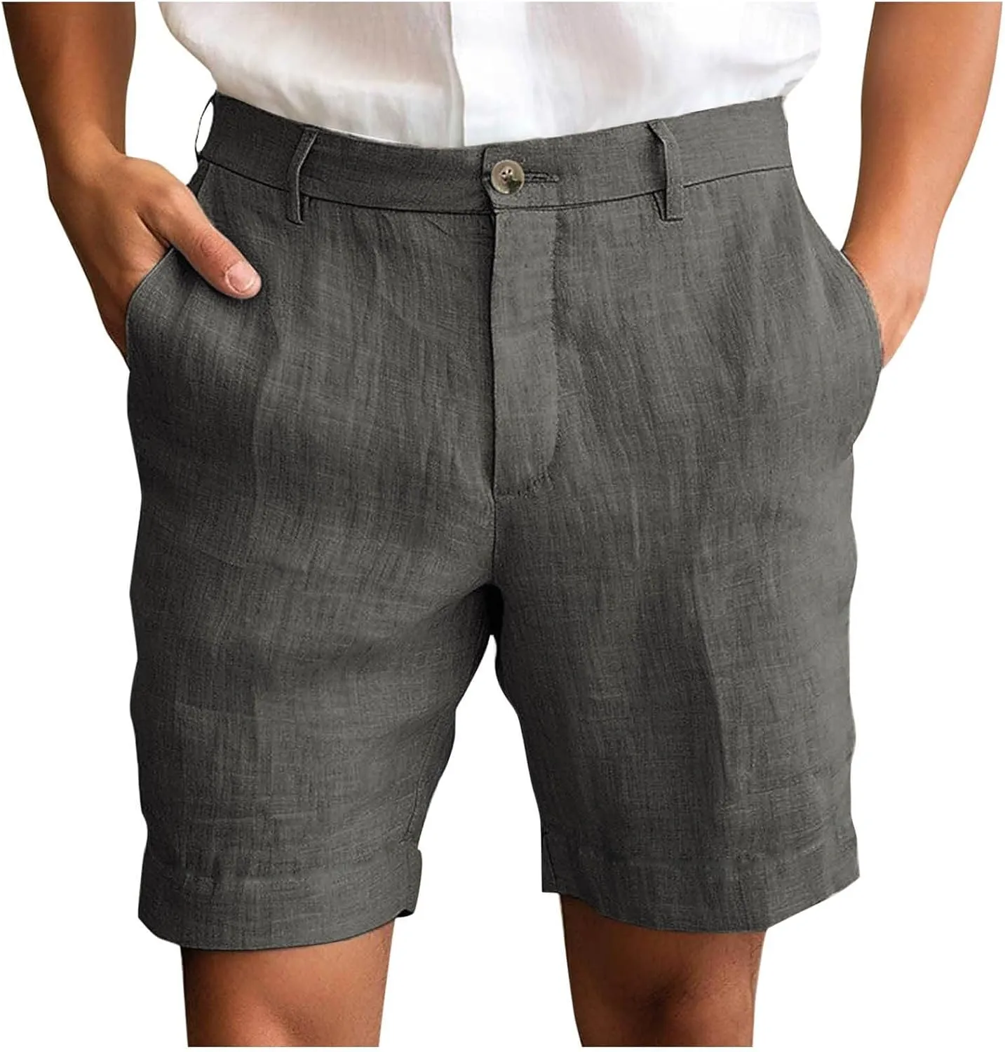 Mens Cotton Linen Shorts Flat Front Business Casual Dress Pants Button Up Elastic Waist Summer Beach Slim Fit Short