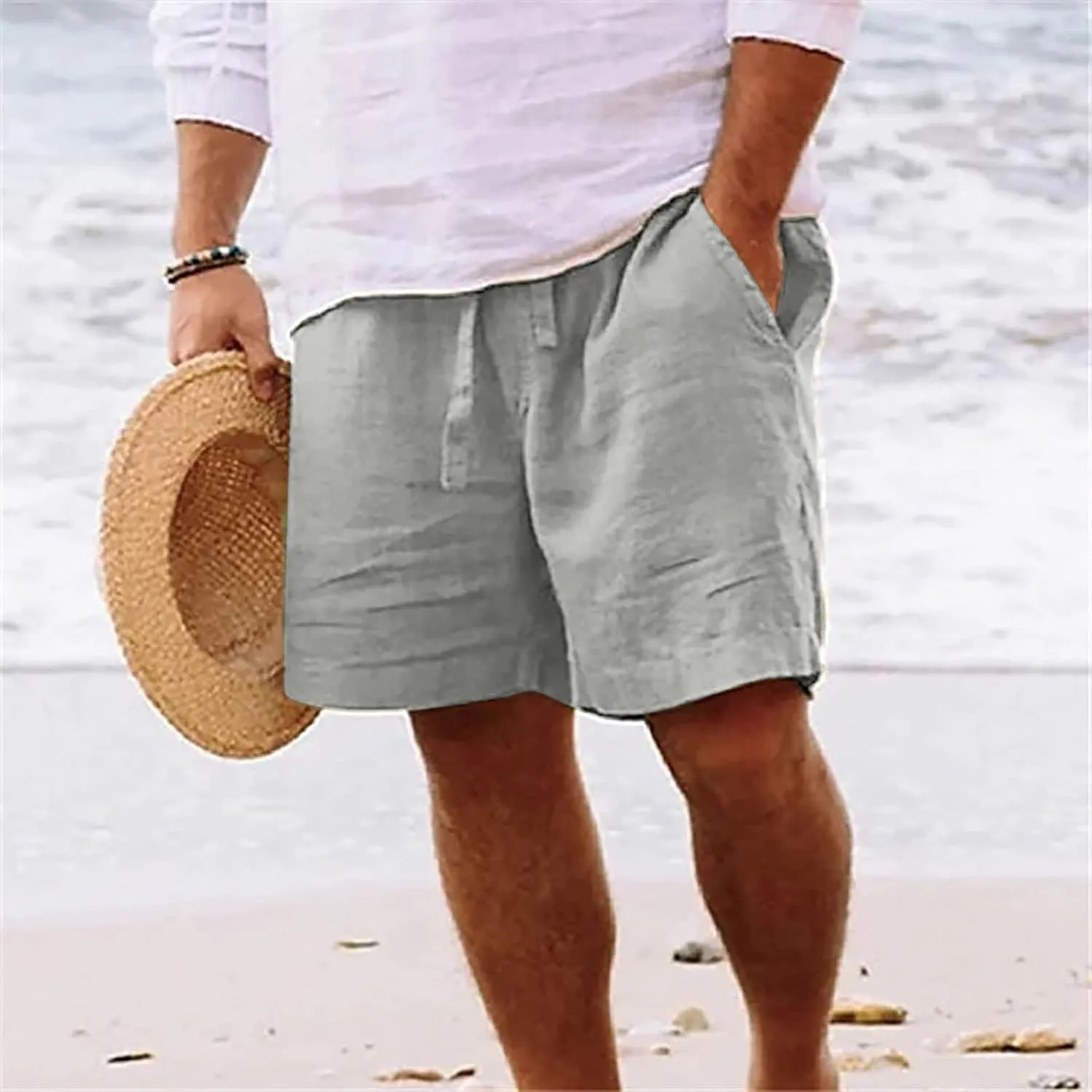 Mens Cotton Linen Shorts - White, Sleeveless, Elastic Waistband, Loose Fit, 11 Inch Inseam