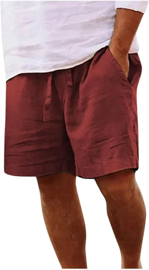Mens Cotton Linen Shorts - White, Sleeveless, Elastic Waistband, Loose Fit, 11 Inch Inseam