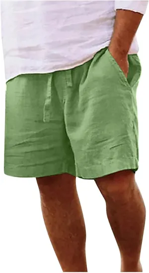 Mens Cotton Linen Shorts - White, Sleeveless, Elastic Waistband, Loose Fit, 11 Inch Inseam