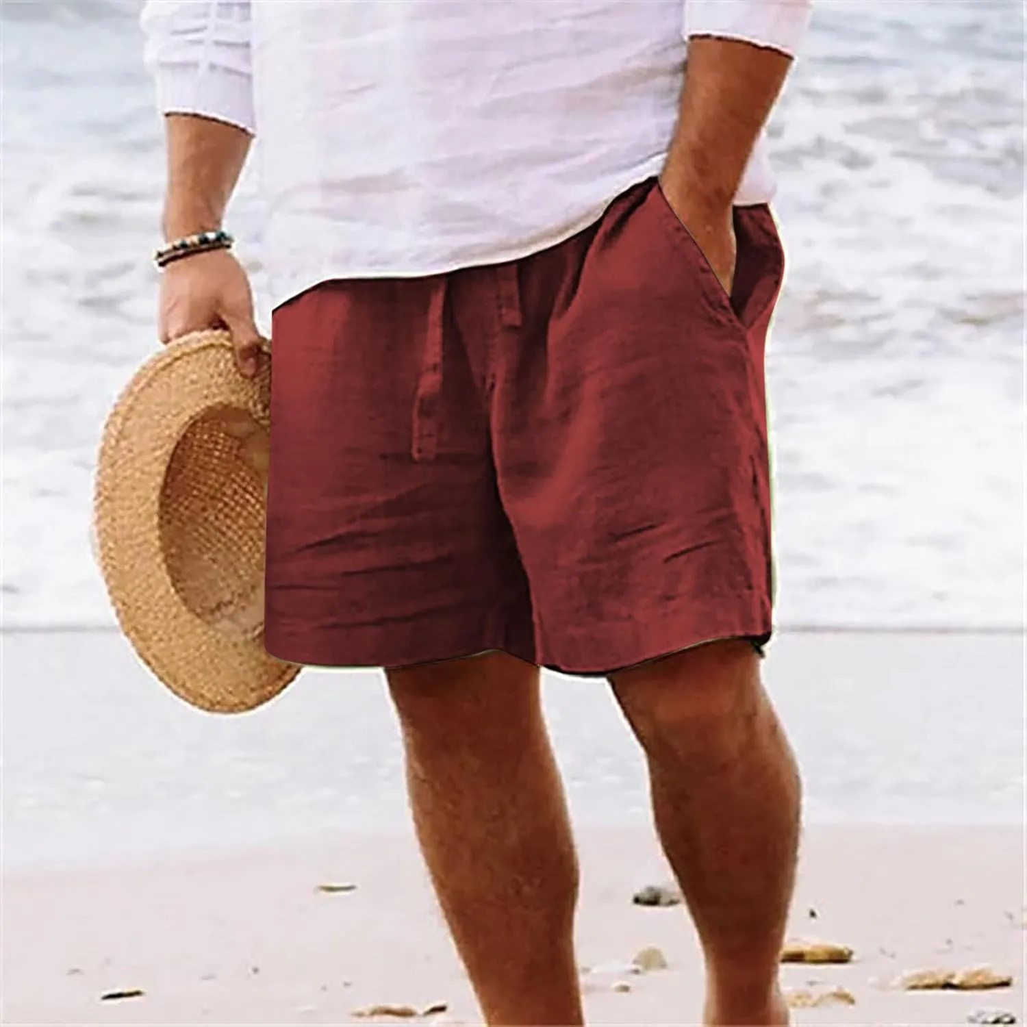 Mens Cotton Linen Shorts - White, Sleeveless, Elastic Waistband, Loose Fit, 11 Inch Inseam