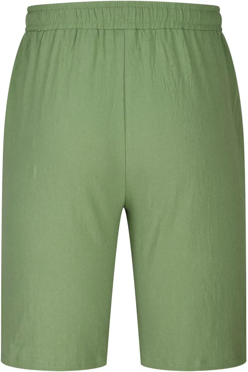 Mens Cotton Linen Shorts - White, Sleeveless, Elastic Waistband, Loose Fit, 11 Inch Inseam