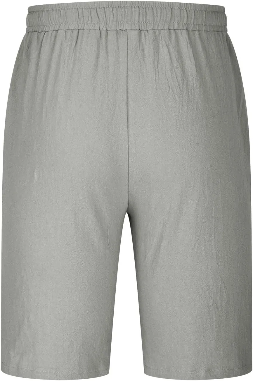 Mens Cotton Linen Shorts - White, Sleeveless, Elastic Waistband, Loose Fit, 11 Inch Inseam