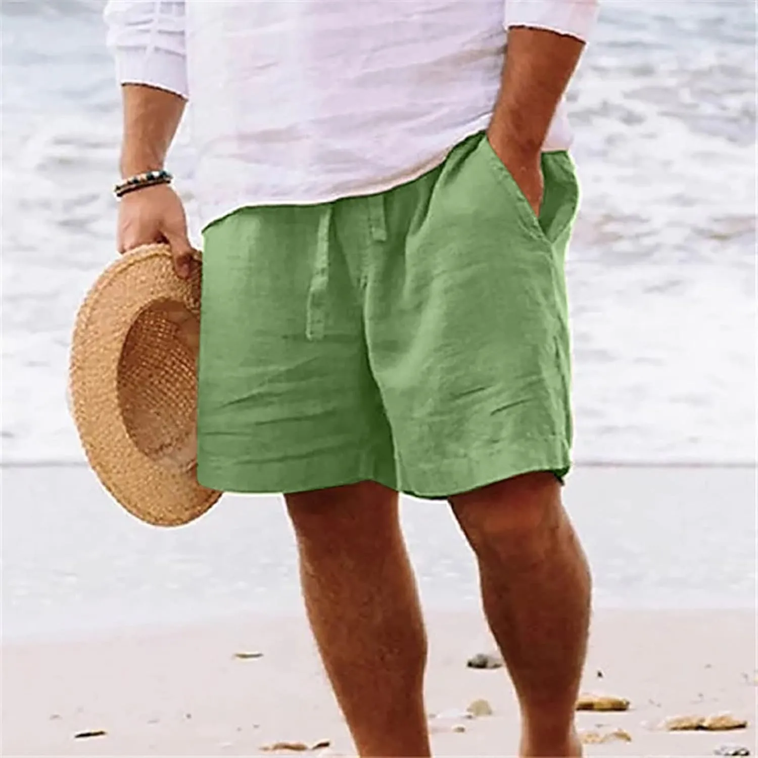 Mens Cotton Linen Shorts - White, Sleeveless, Elastic Waistband, Loose Fit, 11 Inch Inseam